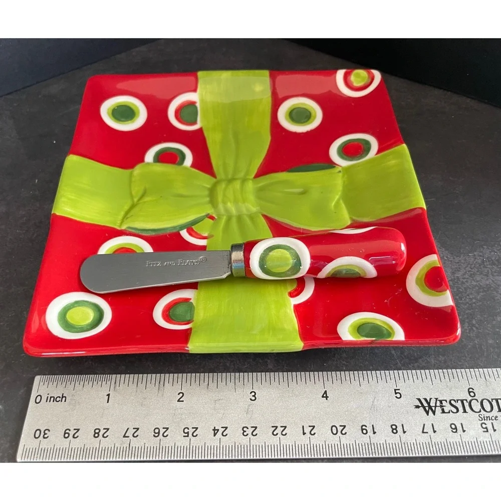 Fitz and Floyd Holiday Cheer Christmas Gift Box Cheese‎ Plate and Spreader Set